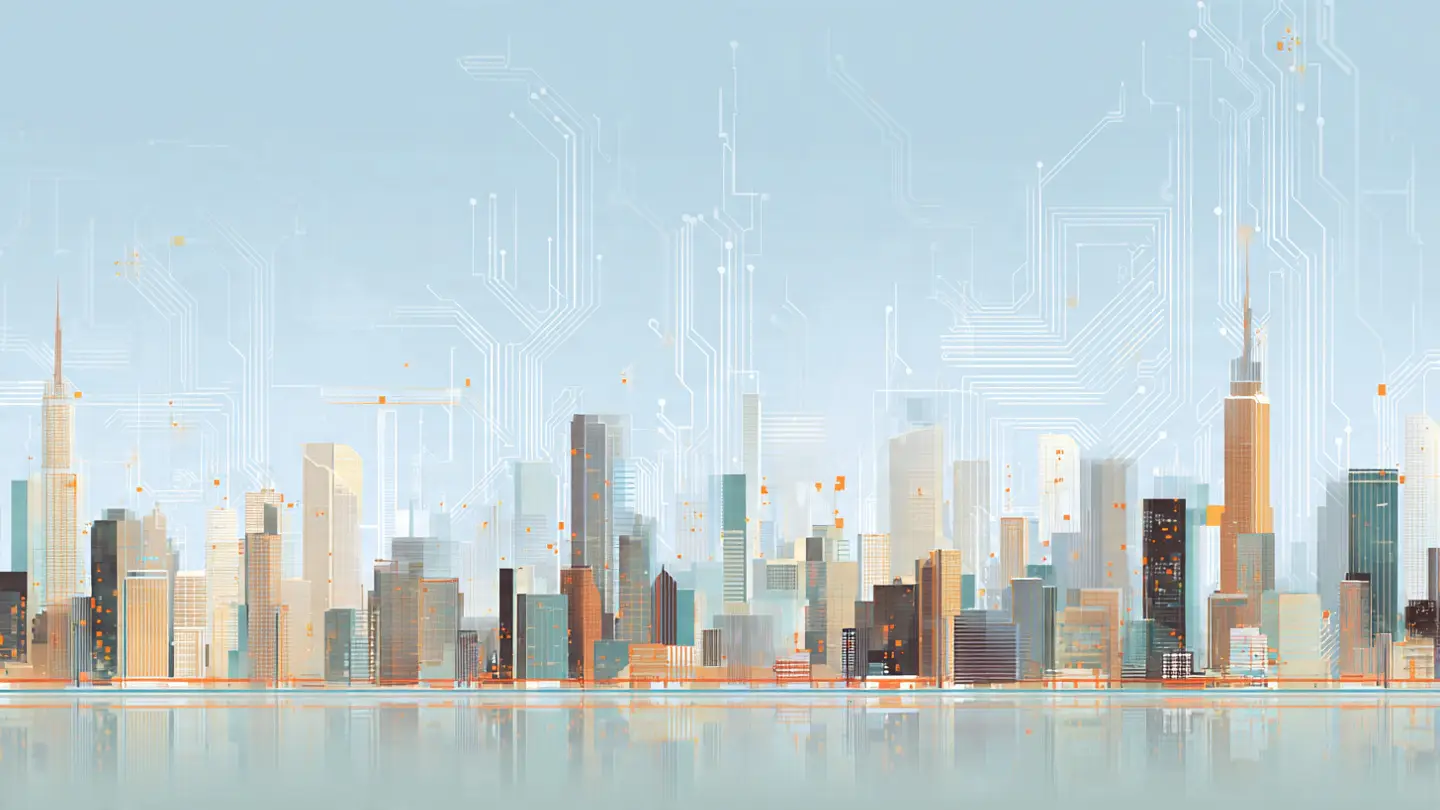 Digital city network with highlighted data pathways and nodes.
