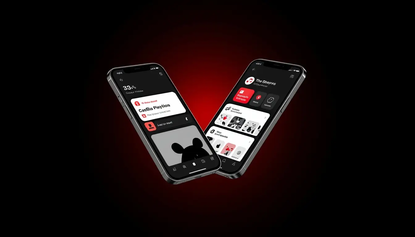 Two smartphones floating on a dark red gradient background.